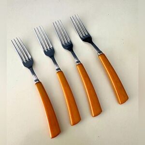 Vintage Glo Hill Butterscotch Bakelite RARE Curved Handle Forks Set of 4 MCM HTF